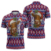 Cow in Santa Hat Be Kind Message Zipper Polo Shirt with Red Blue Knit Pattern Design - Wonder Print Shop