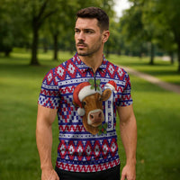 Cow in Santa Hat Be Kind Message Zipper Polo Shirt with Red Blue Knit Pattern Design - Wonder Print Shop