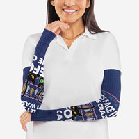 Crazy Cat Lover Arm Sleeves with Black Cats and Funny Quote in Blue Holiday Knit Pattern Design - Wonder Print Shop