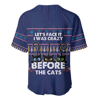 Crazy Cat Lover Baseball Jersey with Black Cats and Funny Quote in Blue Holiday Knit Pattern Design - Wonder Print Shop