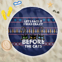 Crazy Cat Lover Beach Blanket with Black Cats and Funny Quote in Blue Holiday Knit Pattern Design - Wonder Print Shop