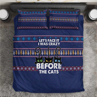 Crazy Cat Lover Bedding Set with Black Cats and Funny Quote in Blue Holiday Knit Pattern Design - Wonder Print Shop