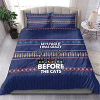 Crazy Cat Lover Bedding Set with Black Cats and Funny Quote in Blue Holiday Knit Pattern Design - Wonder Print Shop