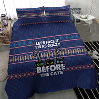 Crazy Cat Lover Bedding Set with Black Cats and Funny Quote in Blue Holiday Knit Pattern Design - Wonder Print Shop