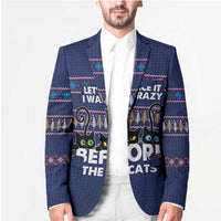 Crazy Cat Lover Blazer with Black Cats and Funny Quote in Blue Holiday Knit Pattern Design - Wonder Print Shop