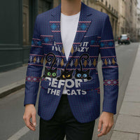 Crazy Cat Lover Blazer with Black Cats and Funny Quote in Blue Holiday Knit Pattern Design - Wonder Print Shop