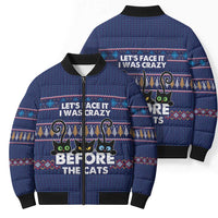 Crazy Cat Lover Bomber Puffer Jacket with Black Cats and Funny Quote in Blue Holiday Knit Pattern Design - Wonder Print Shop
