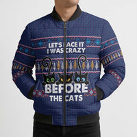 Crazy Cat Lover Bomber Puffer Jacket with Black Cats and Funny Quote in Blue Holiday Knit Pattern Design - Wonder Print Shop