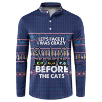 Crazy Cat Lover Button Sweatshirt with Black Cats and Funny Quote in Blue Holiday Knit Pattern Design - Wonder Print Shop