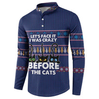 Crazy Cat Lover Button Sweatshirt with Black Cats and Funny Quote in Blue Holiday Knit Pattern Design - Wonder Print Shop