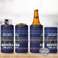 Crazy Cat Lover 4 in 1 Can Cooler Tumbler with Black Cats and Funny Quote in Blue Holiday Knit Pattern Design - Wonder Print Shop
