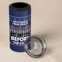 Crazy Cat Lover 4 in 1 Can Cooler Tumbler with Black Cats and Funny Quote in Blue Holiday Knit Pattern Design - Wonder Print Shop