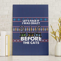 Crazy Cat Lover Canvas Wall Art with Black Cats and Funny Quote in Blue Holiday Knit Pattern Design - Wonder Print Shop