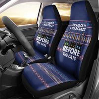 Crazy Cat Lover Car Seat Cover with Black Cats and Funny Quote in Blue Holiday Knit Pattern Design - Wonder Print Shop