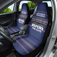 Crazy Cat Lover Car Seat Cover with Black Cats and Funny Quote in Blue Holiday Knit Pattern Design - Wonder Print Shop