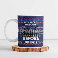 Crazy Cat Lover Ceramic Mug with Black Cats and Funny Quote in Blue Holiday Knit Pattern Design - Wonder Print Shop