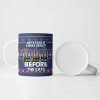 Crazy Cat Lover Ceramic Mug with Black Cats and Funny Quote in Blue Holiday Knit Pattern Design - Wonder Print Shop