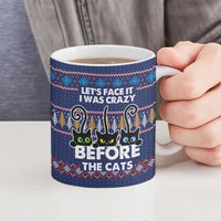 Crazy Cat Lover Ceramic Mug with Black Cats and Funny Quote in Blue Holiday Knit Pattern Design - Wonder Print Shop