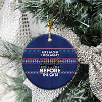 Crazy Cat Lover Ceramic Ornament with Black Cats and Funny Quote in Blue Holiday Knit Pattern Design - Wonder Print Shop