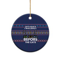 Crazy Cat Lover Ceramic Ornament with Black Cats and Funny Quote in Blue Holiday Knit Pattern Design - Wonder Print Shop