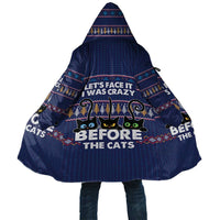 Crazy Cat Lover Cloak with Black Cats and Funny Quote in Blue Holiday Knit Pattern Design - Wonder Print Shop