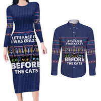 Crazy Cat Lover Couples Matching Long Sleeve Bodycon Dress and Long Sleeve Button Shirt with Black Cats and Funny Quote in Blue Holiday Knit Pattern Design - Wonder Print Shop