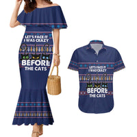 Crazy Cat Lover Couples Matching Mermaid Dress and Hawaiian Shirt with Black Cats and Funny Quote in Blue Holiday Knit Pattern Design - Wonder Print Shop