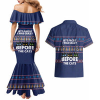 Crazy Cat Lover Couples Matching Mermaid Dress and Hawaiian Shirt with Black Cats and Funny Quote in Blue Holiday Knit Pattern Design - Wonder Print Shop