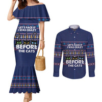 Crazy Cat Lover Couples Matching Mermaid Dress and Long Sleeve Button Shirt with Black Cats and Funny Quote in Blue Holiday Knit Pattern Design - Wonder Print Shop