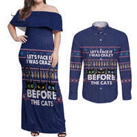 Crazy Cat Lover Couples Matching Off Shoulder Maxi Dress and Long Sleeve Button Shirt with Black Cats and Funny Quote in Blue Holiday Knit Pattern Design - Wonder Print Shop