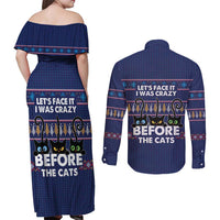 Crazy Cat Lover Couples Matching Off Shoulder Maxi Dress and Long Sleeve Button Shirt with Black Cats and Funny Quote in Blue Holiday Knit Pattern Design - Wonder Print Shop