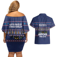 Crazy Cat Lover Couples Matching Off Shoulder Short Dress and Hawaiian Shirt with Black Cats and Funny Quote in Blue Holiday Knit Pattern Design - Wonder Print Shop