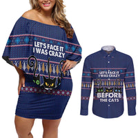 Crazy Cat Lover Couples Matching Off Shoulder Short Dress and Long Sleeve Button Shirt with Black Cats and Funny Quote in Blue Holiday Knit Pattern Design - Wonder Print Shop