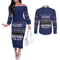 Crazy Cat Lover Couples Matching Off The Shoulder Long Sleeve Dress and Long Sleeve Button Shirt with Black Cats and Funny Quote in Blue Holiday Knit Pattern Design - Wonder Print Shop