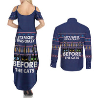 Crazy Cat Lover Couples Matching Summer Maxi Dress and Long Sleeve Button Shirt with Black Cats and Funny Quote in Blue Holiday Knit Pattern Design - Wonder Print Shop