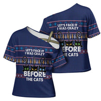Crazy Cat Lover Cross Shoulder Shirt with Black Cats and Funny Quote in Blue Holiday Knit Pattern Design - Wonder Print Shop