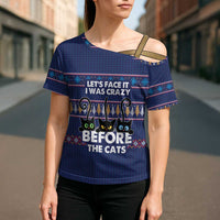Crazy Cat Lover Cross Shoulder Shirt with Black Cats and Funny Quote in Blue Holiday Knit Pattern Design - Wonder Print Shop