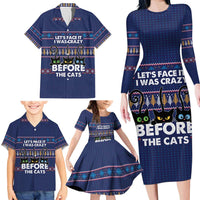 Crazy Cat Lover Family Matching Long Sleeve Bodycon Dress and Hawaiian Shirt with Black Cats and Funny Quote in Blue Holiday Knit Pattern Design - Wonder Print Shop
