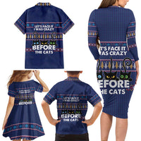 Crazy Cat Lover Family Matching Long Sleeve Bodycon Dress and Hawaiian Shirt with Black Cats and Funny Quote in Blue Holiday Knit Pattern Design - Wonder Print Shop