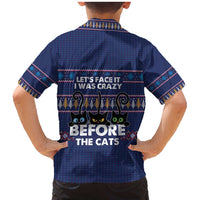 Crazy Cat Lover Family Matching Mermaid Dress and Hawaiian Shirt with Black Cats and Funny Quote in Blue Holiday Knit Pattern Design - Wonder Print Shop