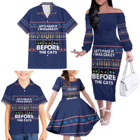 Crazy Cat Lover Family Matching Off The Shoulder Long Sleeve Dress and Hawaiian Shirt with Black Cats and Funny Quote in Blue Holiday Knit Pattern Design - Wonder Print Shop