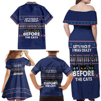 Crazy Cat Lover Family Matching Off Shoulder Maxi Dress and Hawaiian Shirt with Black Cats and Funny Quote in Blue Holiday Knit Pattern Design - Wonder Print Shop