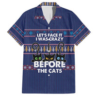 Crazy Cat Lover Family Matching Off Shoulder Short Dress and Hawaiian Shirt with Black Cats and Funny Quote in Blue Holiday Knit Pattern Design - Wonder Print Shop