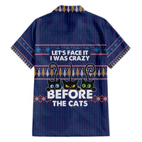 Crazy Cat Lover Family Matching Off Shoulder Short Dress and Hawaiian Shirt with Black Cats and Funny Quote in Blue Holiday Knit Pattern Design - Wonder Print Shop