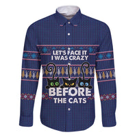 Crazy Cat Lover Family Matching Off Shoulder Short Dress and Hawaiian Shirt with Black Cats and Funny Quote in Blue Holiday Knit Pattern Design - Wonder Print Shop