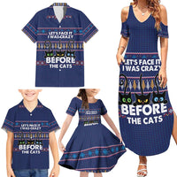 Crazy Cat Lover Family Matching Summer Maxi Dress and Hawaiian Shirt with Black Cats and Funny Quote in Blue Holiday Knit Pattern Design - Wonder Print Shop