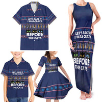 Crazy Cat Lover Family Matching Tank Maxi Dress and Hawaiian Shirt with Black Cats and Funny Quote in Blue Holiday Knit Pattern Design - Wonder Print Shop