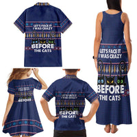 Crazy Cat Lover Family Matching Tank Maxi Dress and Hawaiian Shirt with Black Cats and Funny Quote in Blue Holiday Knit Pattern Design - Wonder Print Shop