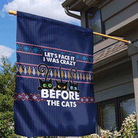 Crazy Cat Lover Garden Flag with Black Cats and Funny Quote in Blue Holiday Knit Pattern Design - Wonder Print Shop