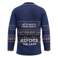 Crazy Cat Lover Hockey Jersey with Black Cats and Funny Quote in Blue Holiday Knit Pattern Design - Wonder Print Shop